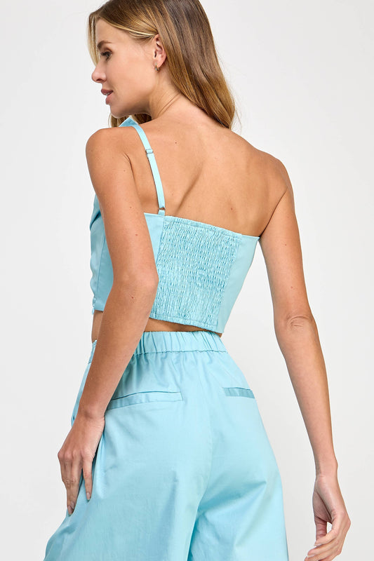 One-Shoulder Knotted Flower Bow Crop Top: Sky Blue / L