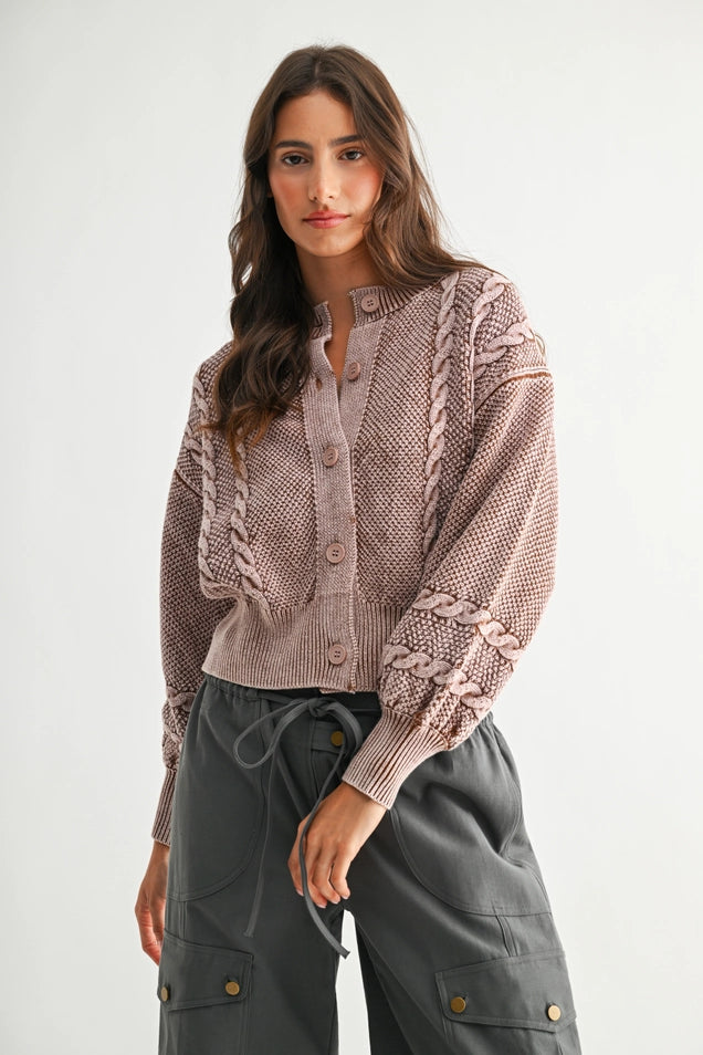 Washed Brown Cable Knit Cardigan