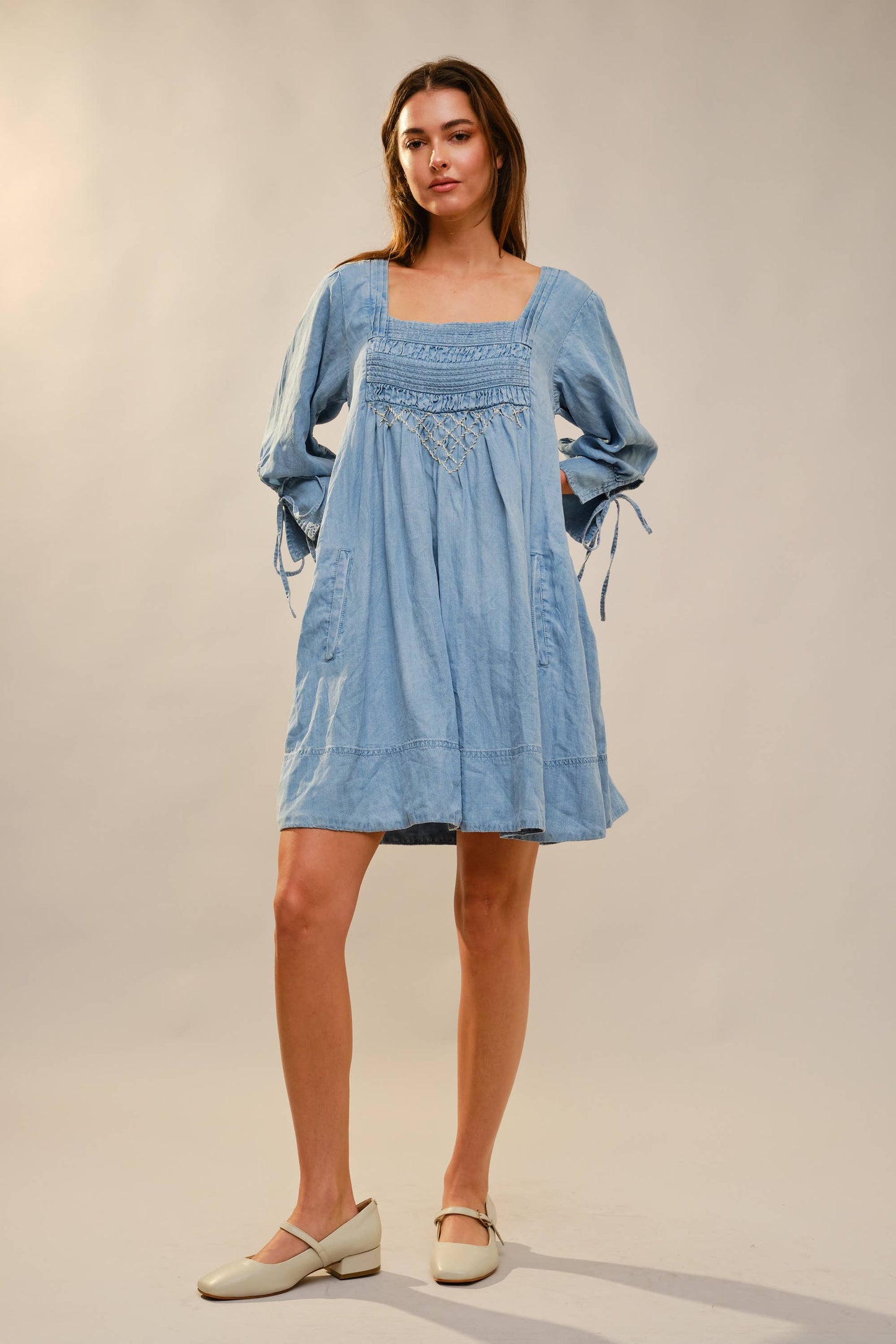 3/4 Sleeve Stitch Detail Chambray Dress