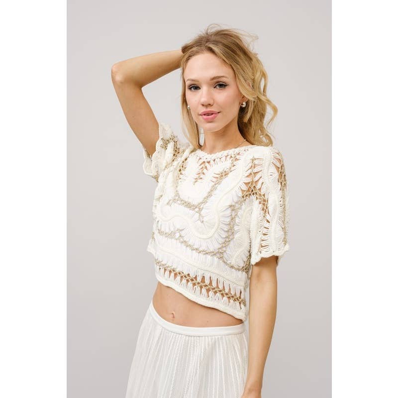 Crochet Metallic Short Sleeve Thread Crop Top: TAUPE / S-M-L(2-2-2)