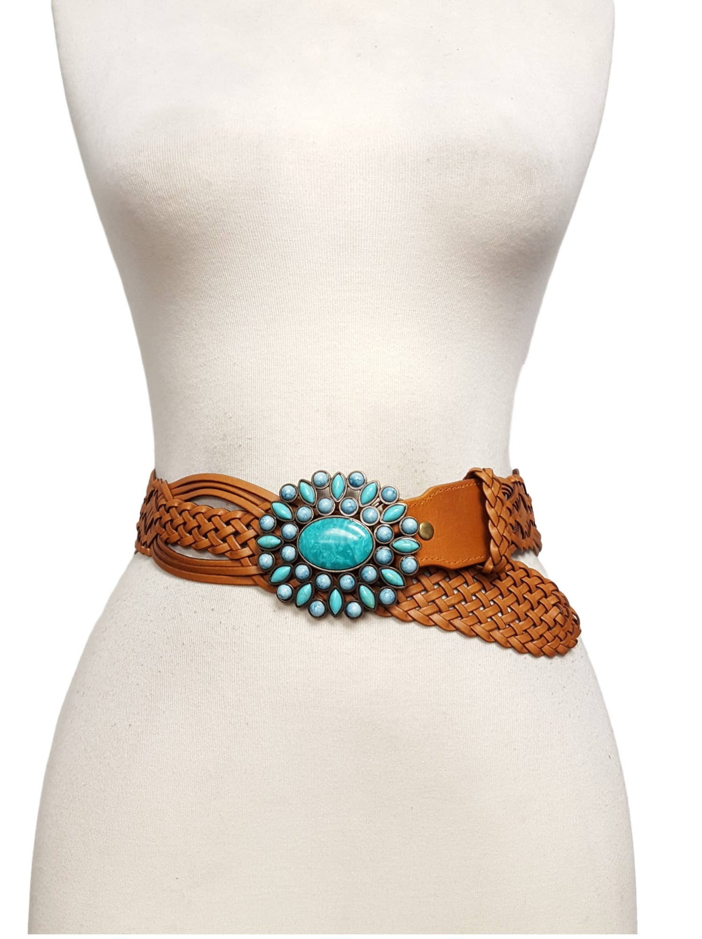 Hand Braided Leather Belt with Turquoise Style Buckle brass: Tan