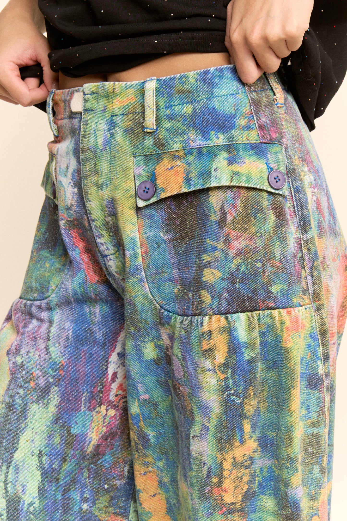 Lime Green and Cobalt Paint Printed Denim Pants