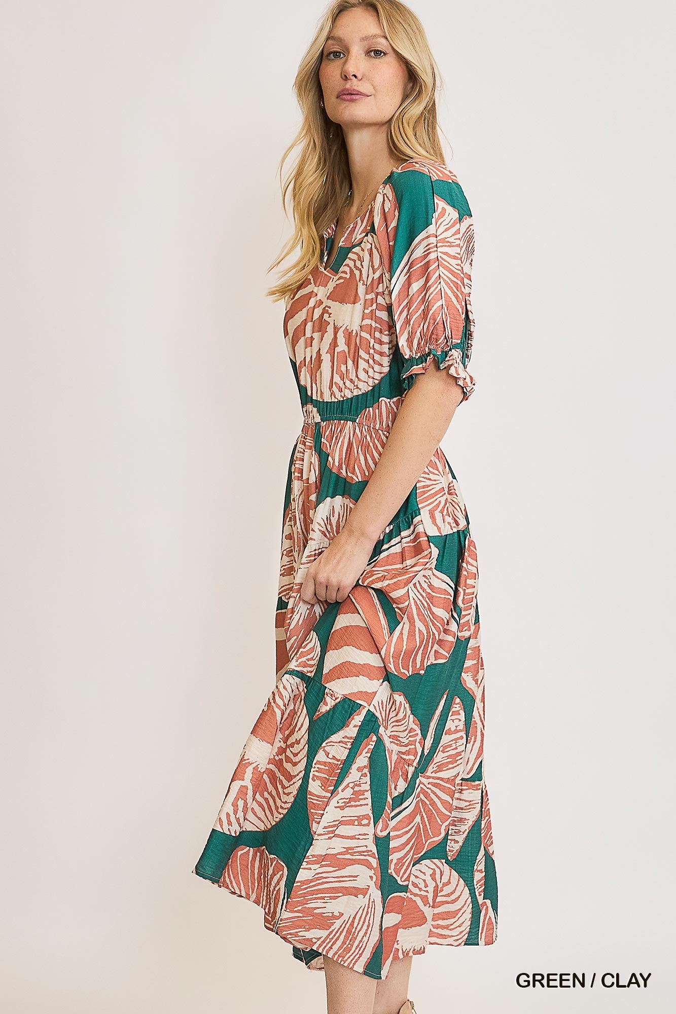 Green/Clay Floral Print Puff Sleeve Midi Dress
