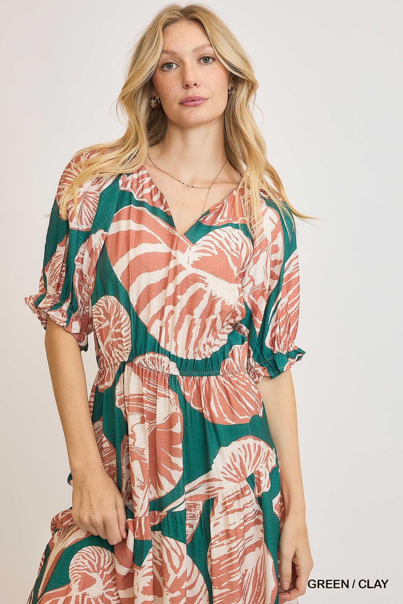 Green/Clay Floral Print Puff Sleeve Midi Dress