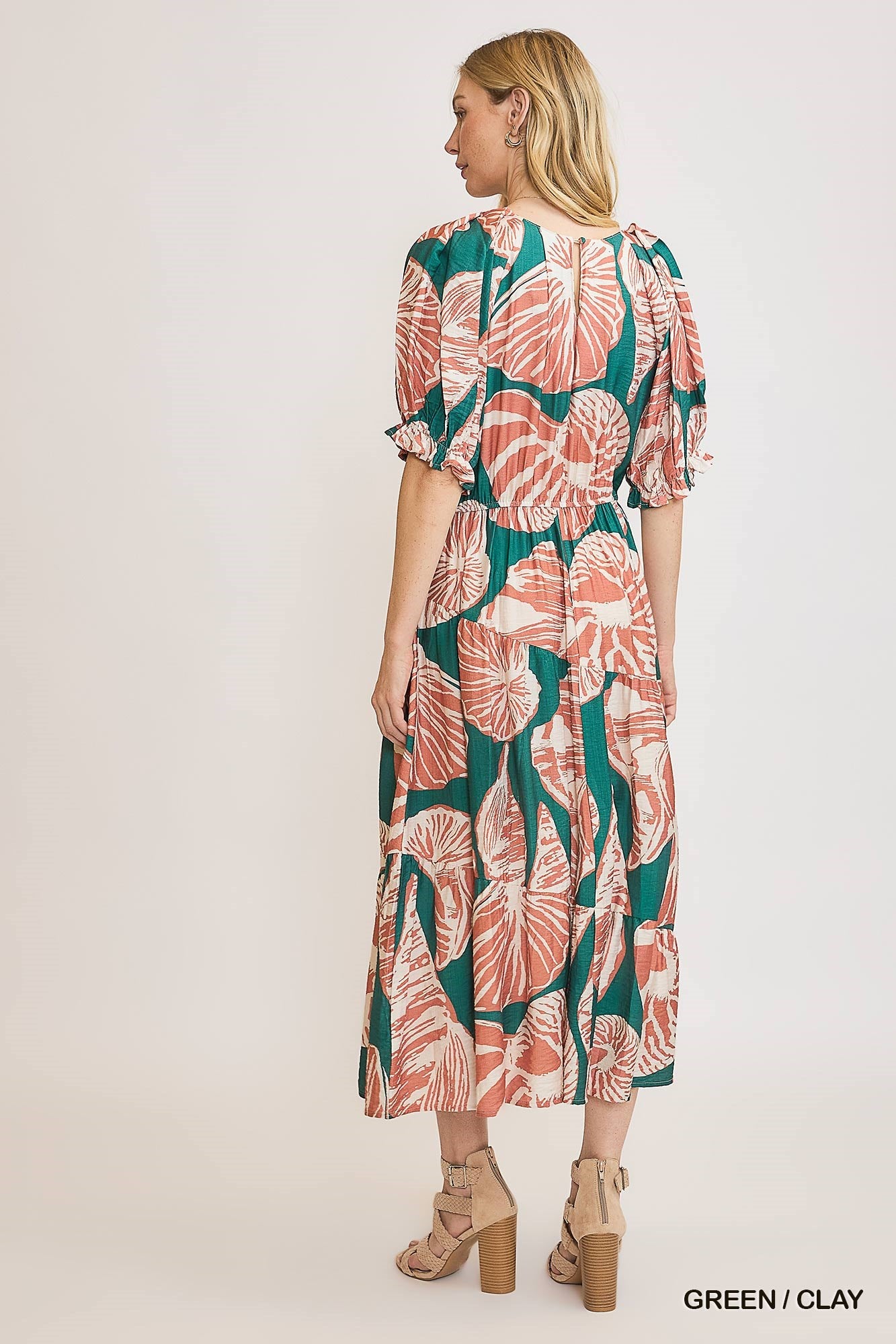 Green/Clay Floral Print Puff Sleeve Midi Dress