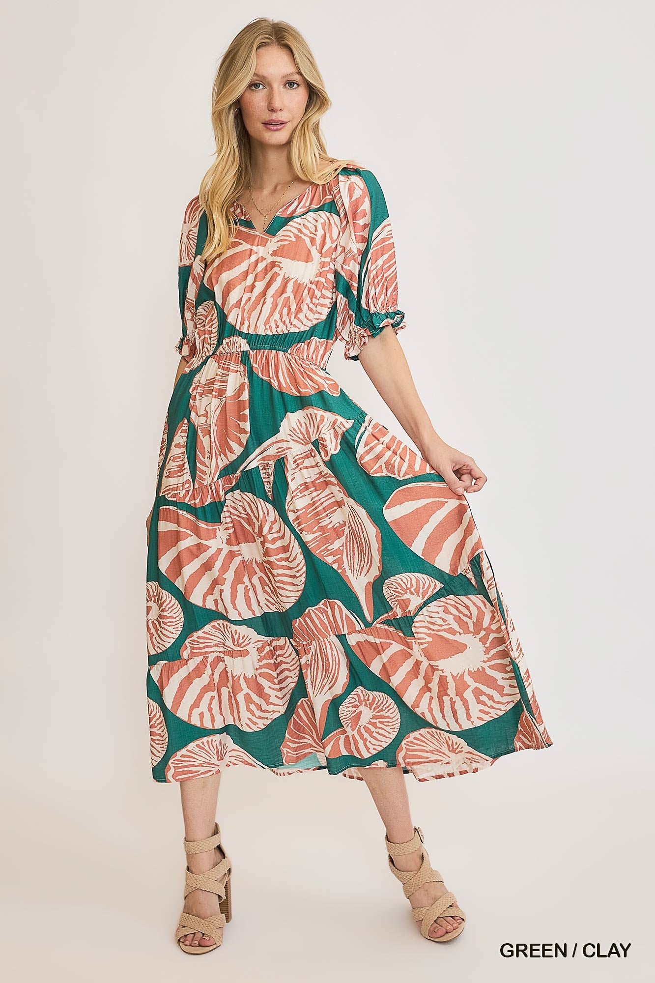 Green/Clay Floral Print Puff Sleeve Midi Dress