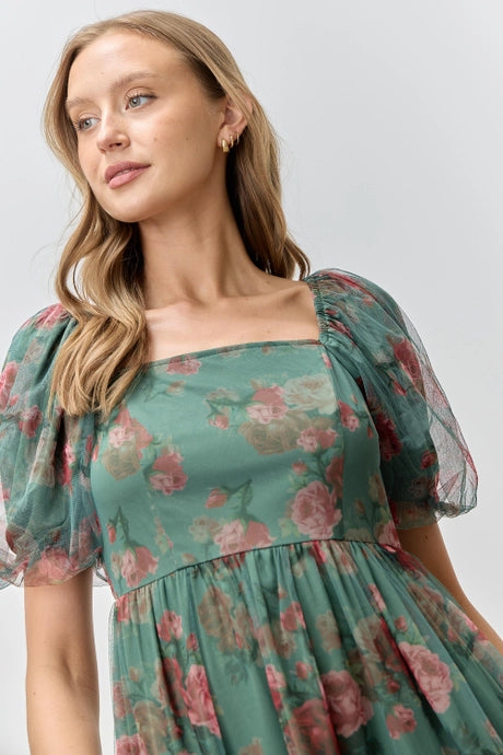 Green Floral Printed Tulle Maxi Dress