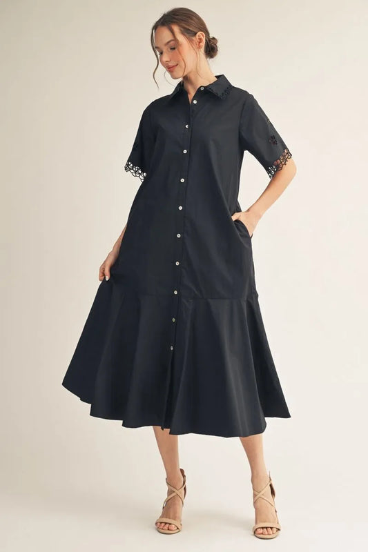 Midi flared hem, eyelet sleeve & collar dress