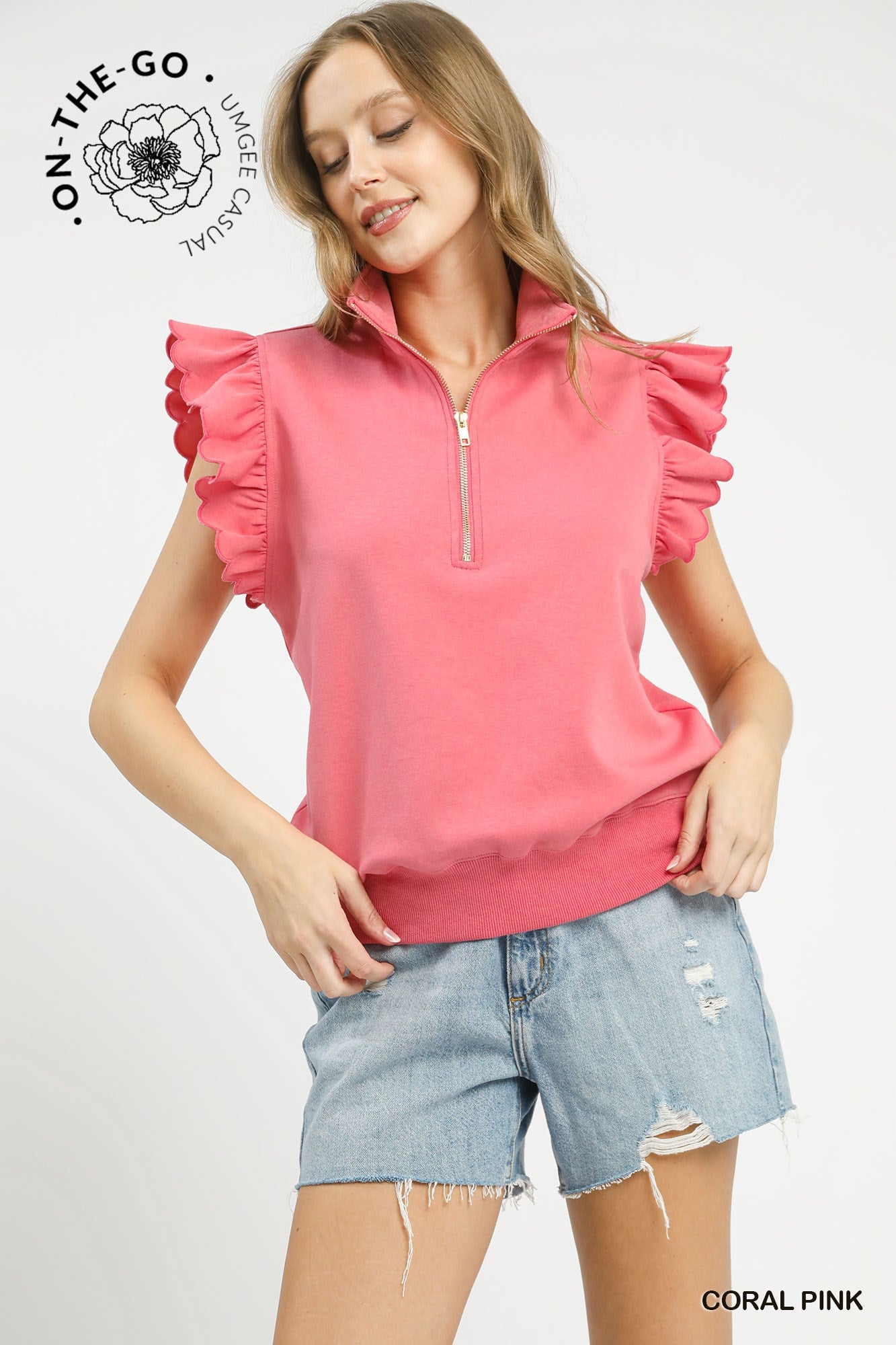 Ruffled zip-up scalloped sleeve top