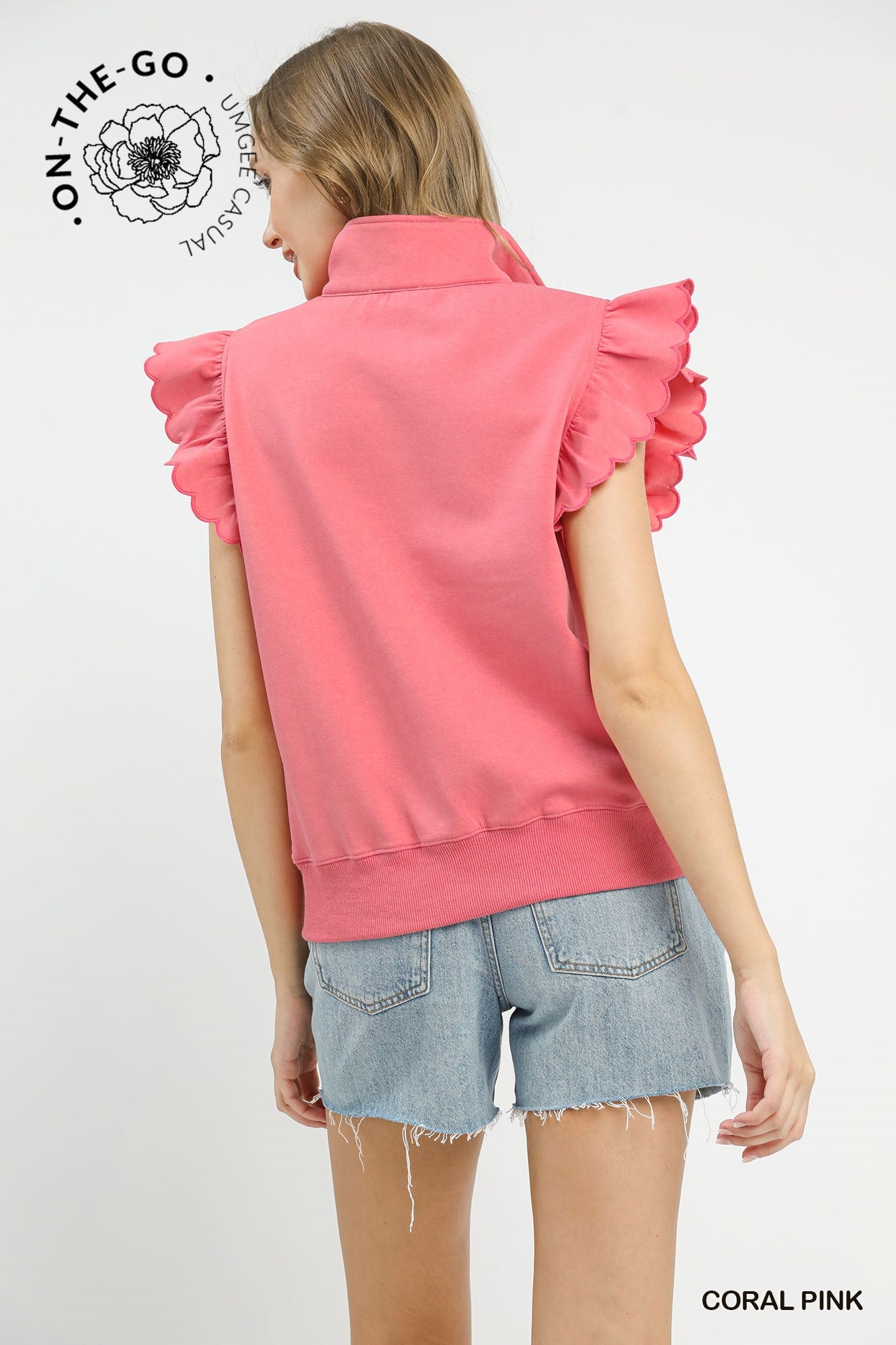 Ruffled zip-up scalloped sleeve top
