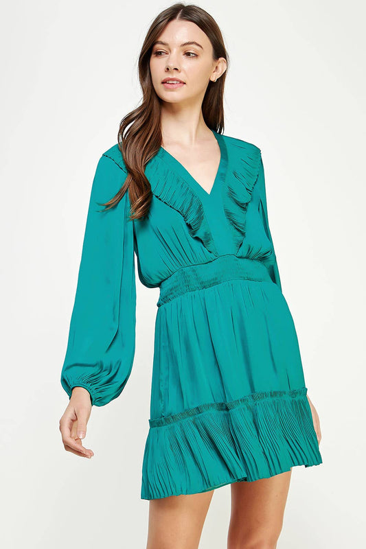 Teal Pleated Bib Detail Satin Mini Dress