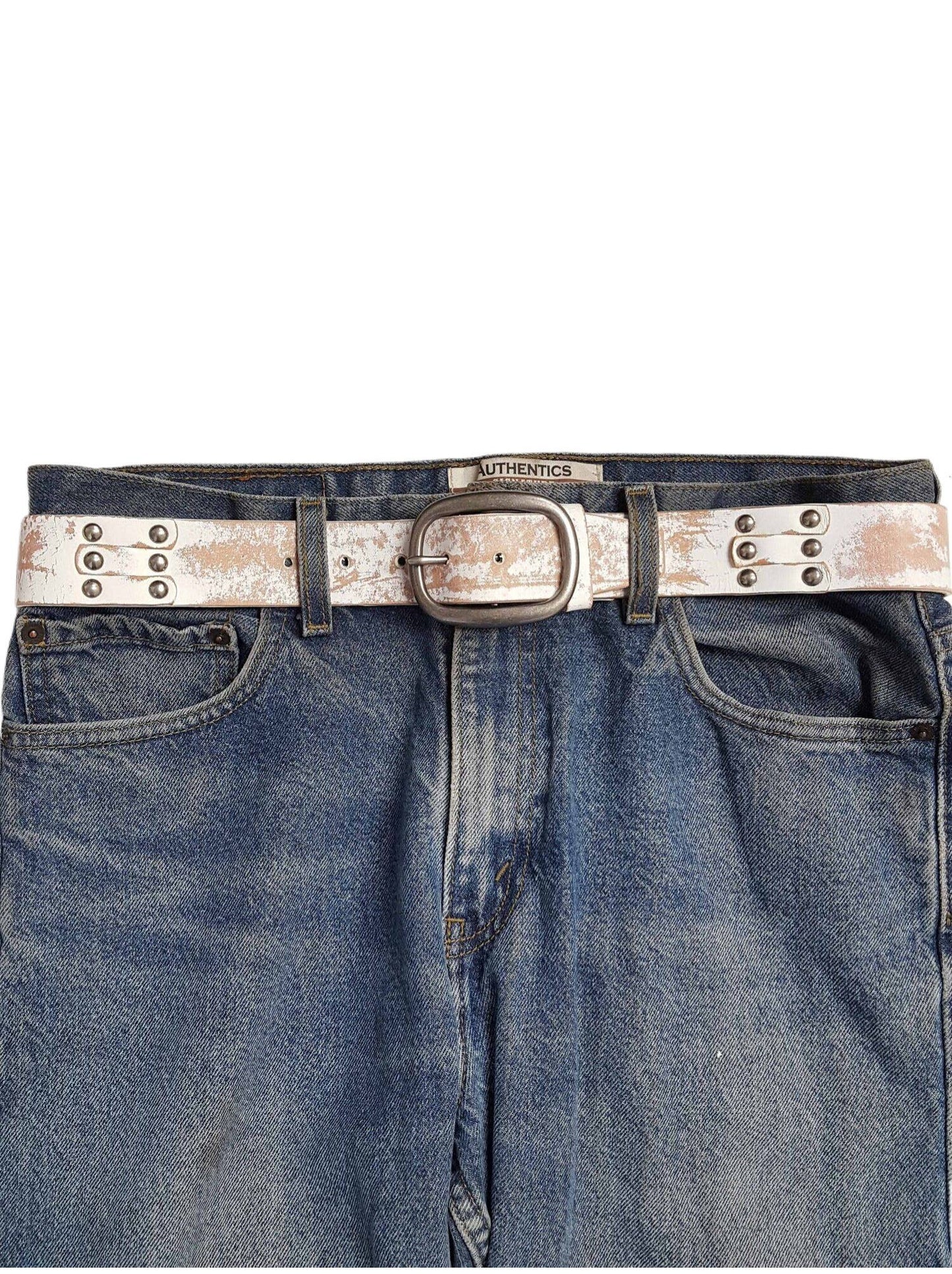 Distressed White Genuine Studded Leather Belt
