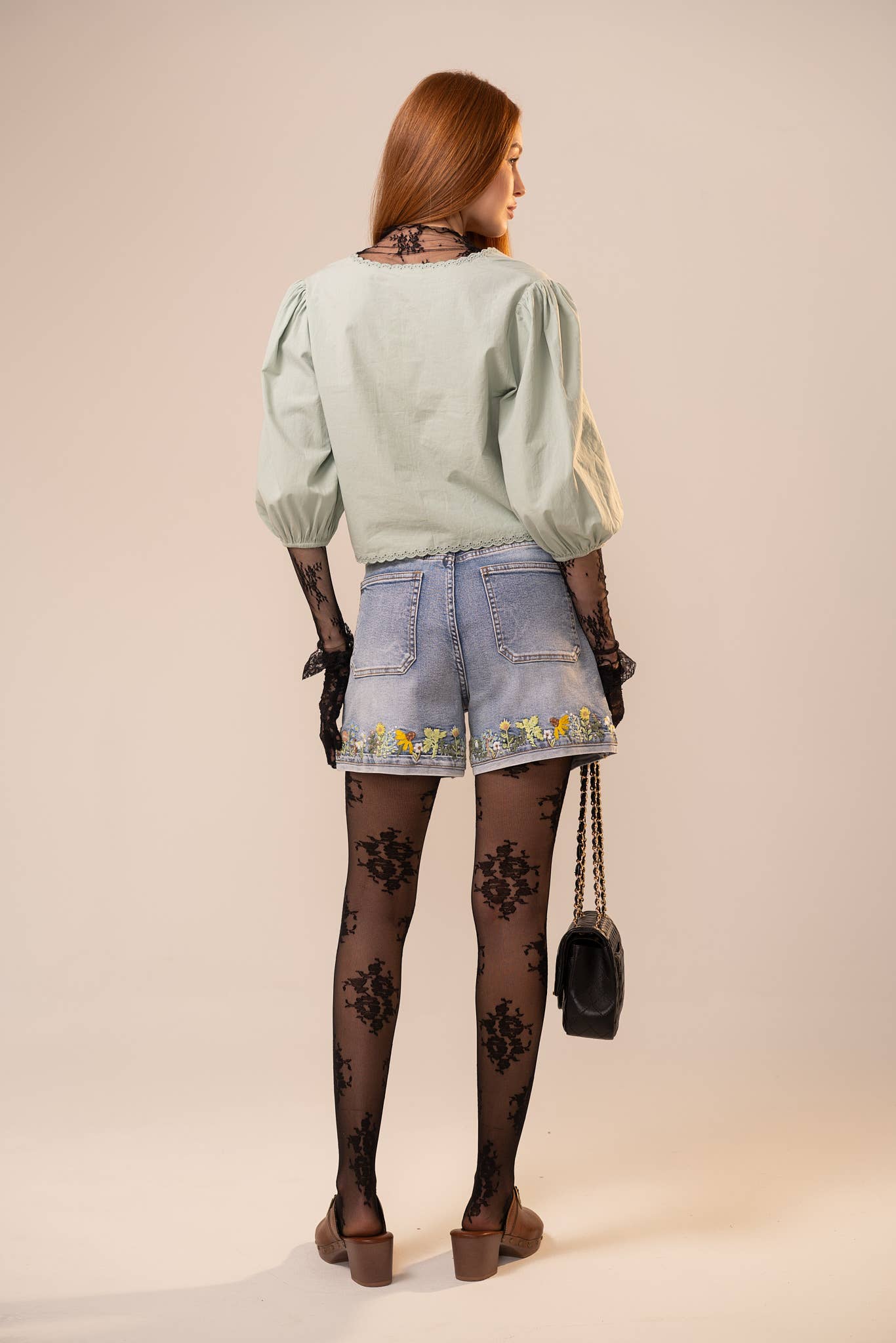 High Rise Cuffed Floral Embroidered Denim Shorts
