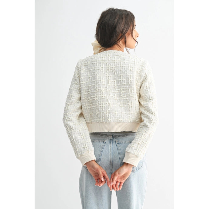Ivory Elegant Textured Knit Wool Jacket
