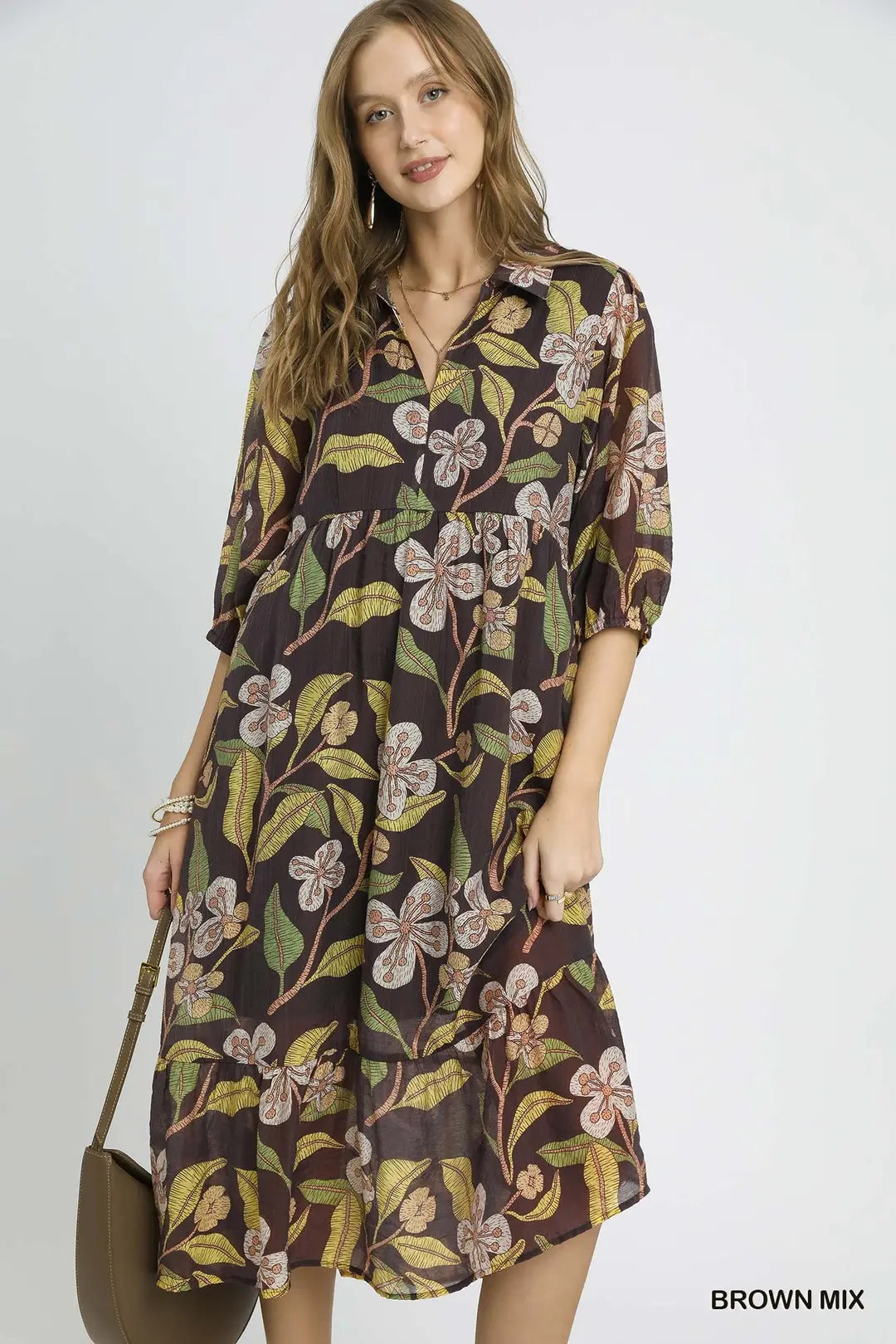 Brown Mixed Floral Print Tiered Midi Dress