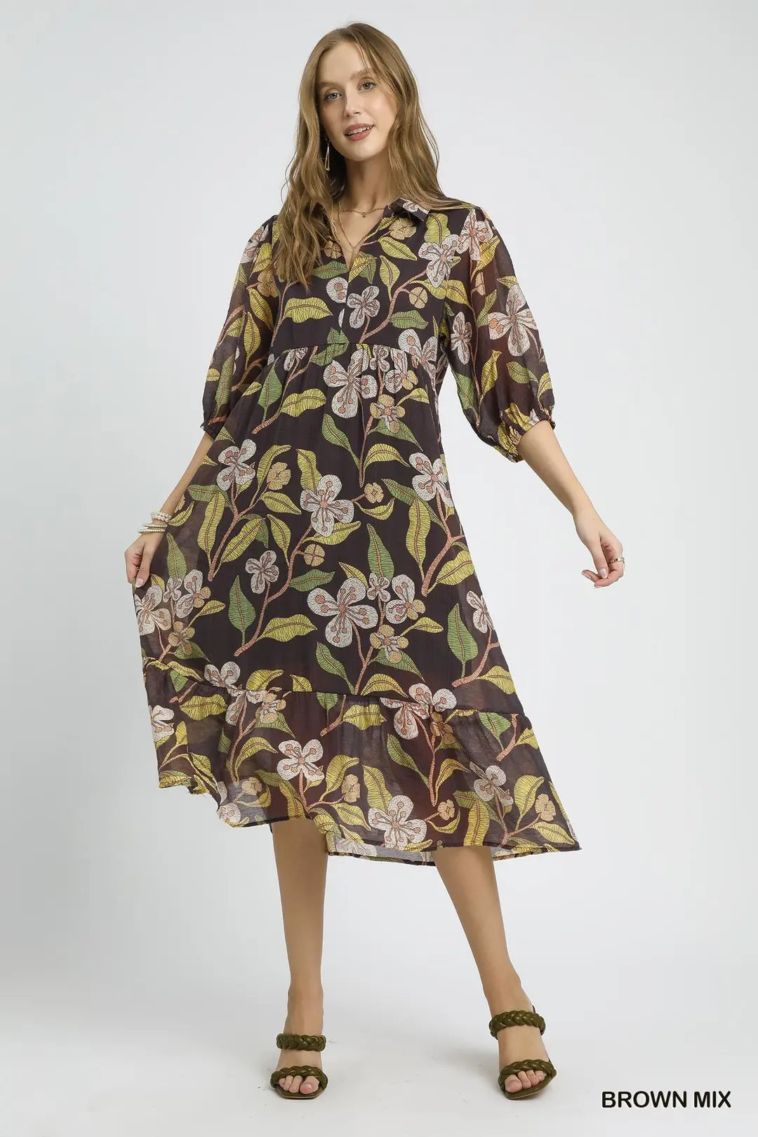 Brown Mixed Floral Print Tiered Midi Dress