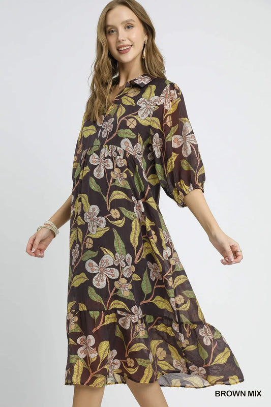 Brown Mixed Floral Print Tiered Midi Dress