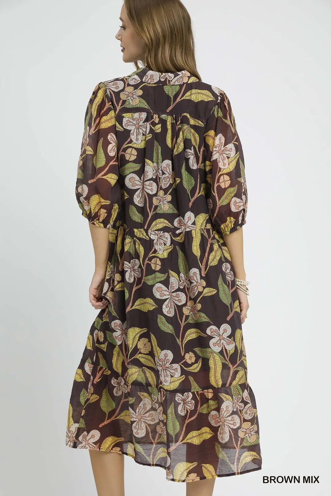 Brown Mixed Floral Print Tiered Midi Dress