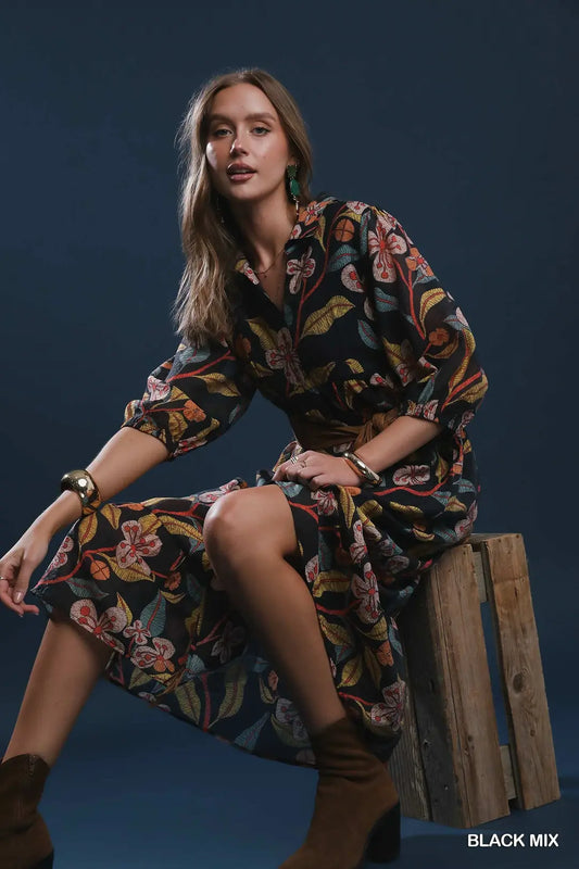 Black Mixed Floral Print Tiered Midi Dress