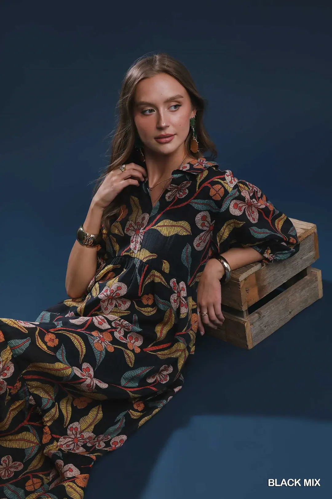 Black Mixed Floral Print Tiered Midi Dress