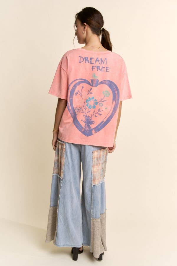 DREAM FREE FLORAL GRAPHIC MINERAL WASH TOP: Charcoal - L