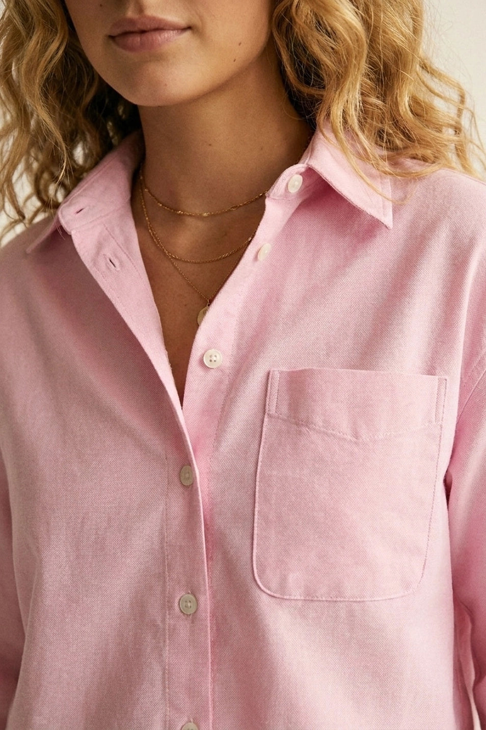 Pink Button-Up Cropped Shirt with Collar