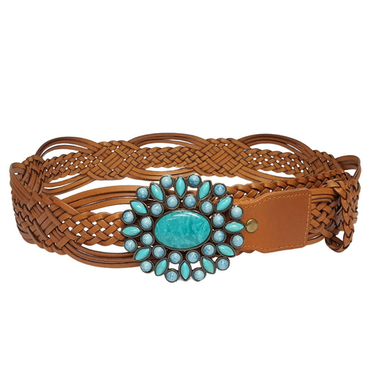 Hand Braided Leather Belt with Turquoise Style Buckle brass: Tan