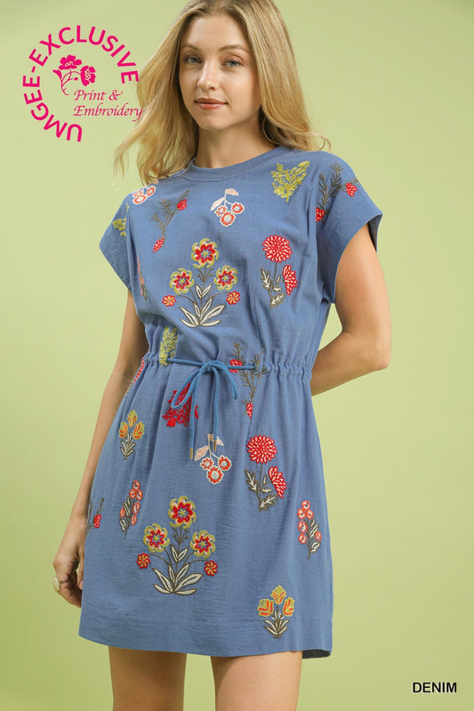 Blue Embroidered Drawstring Dress