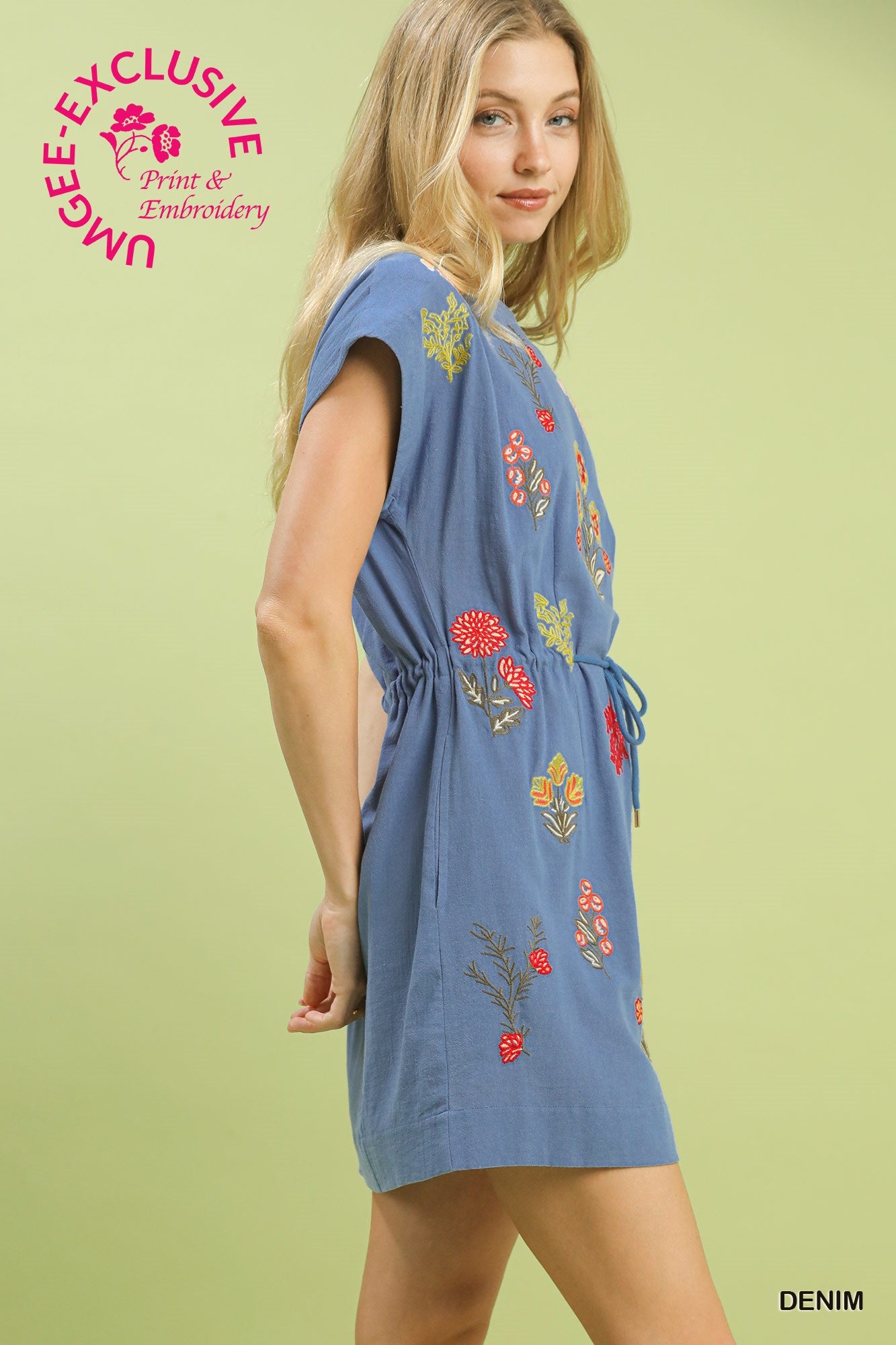 Blue Embroidered Drawstring Dress