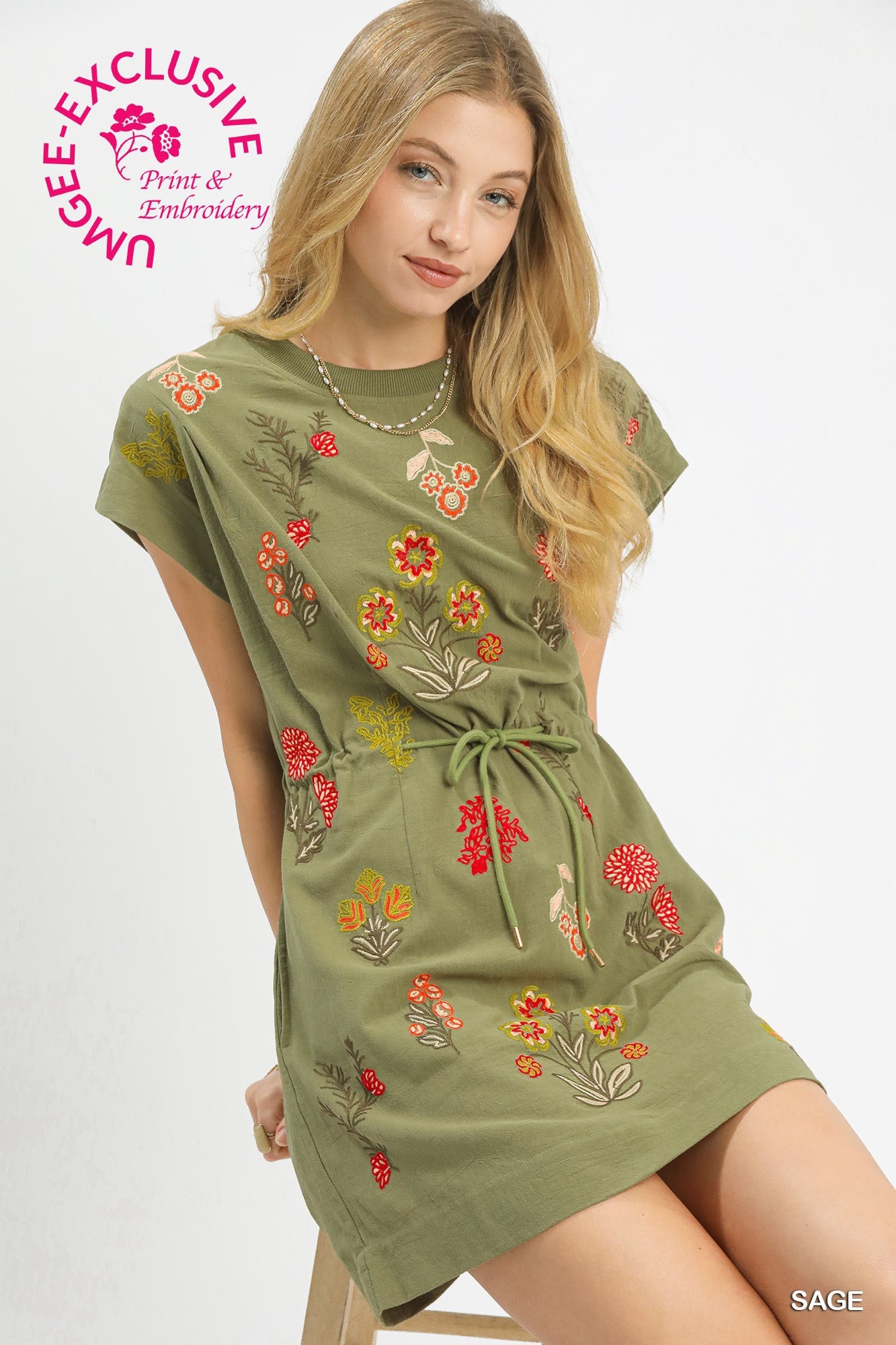 Sage Embroidered Drawstring Dress