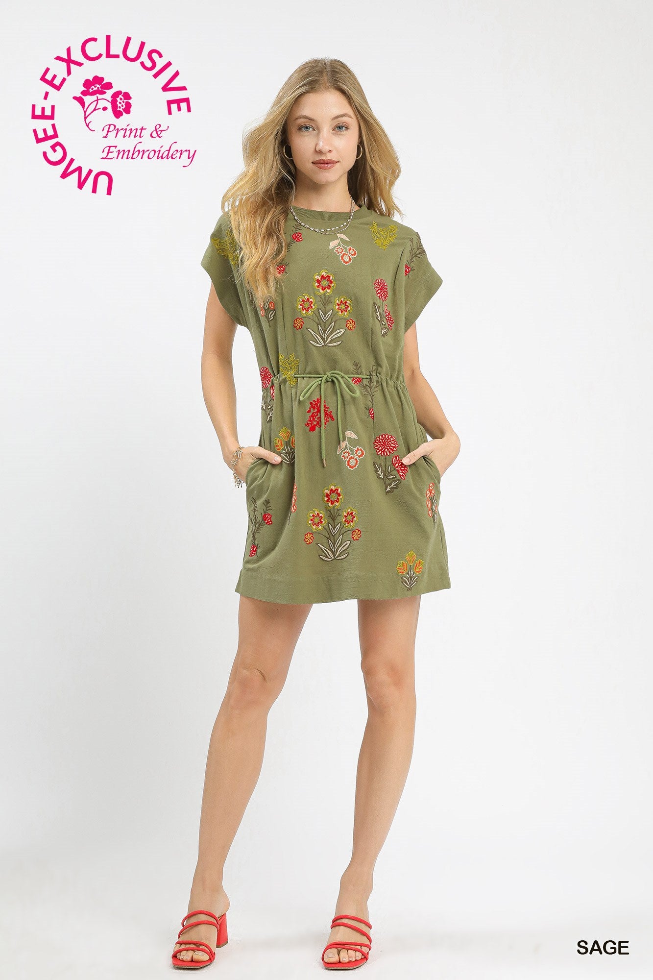 Sage Embroidered Drawstring Dress