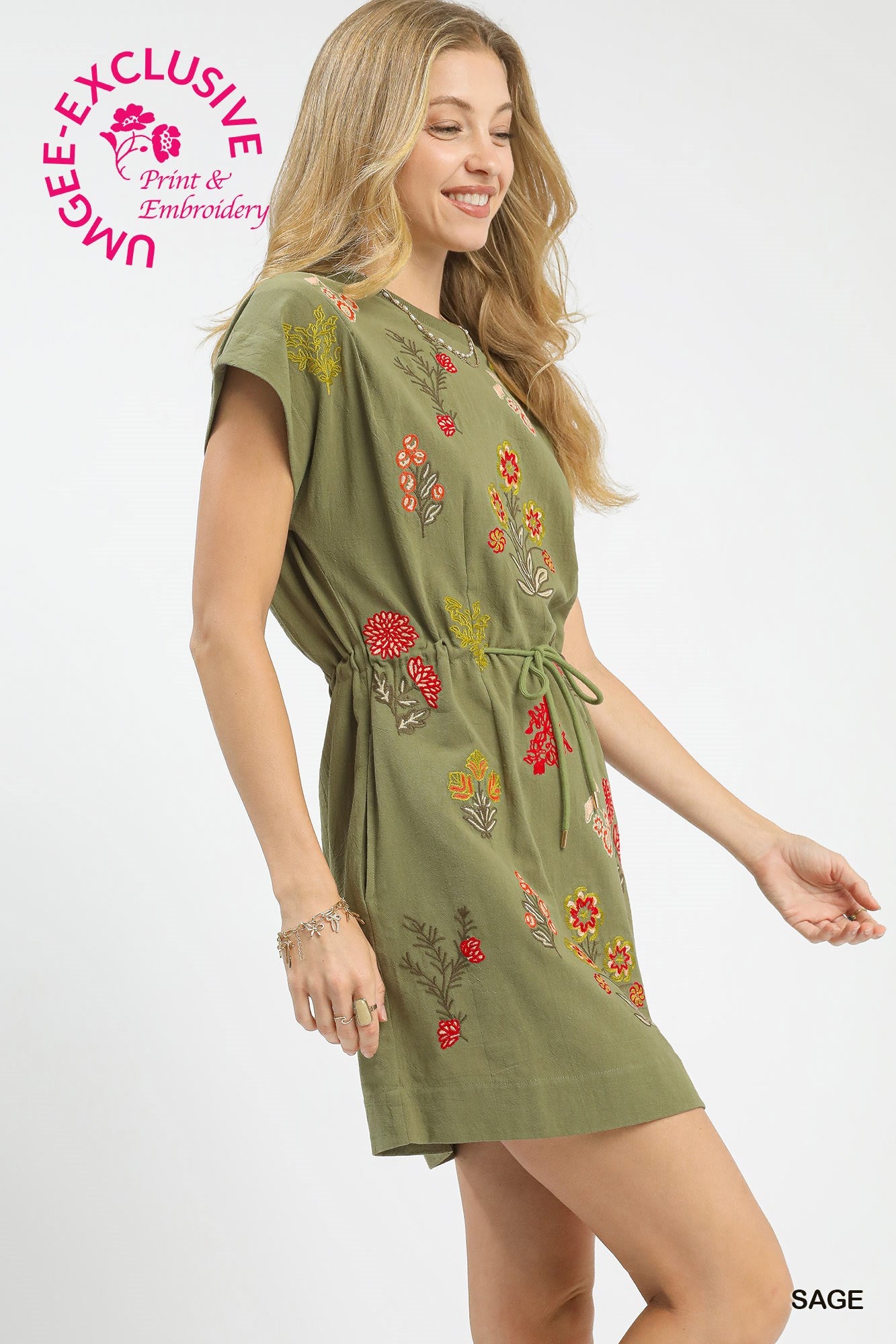 Sage Embroidered Drawstring Dress