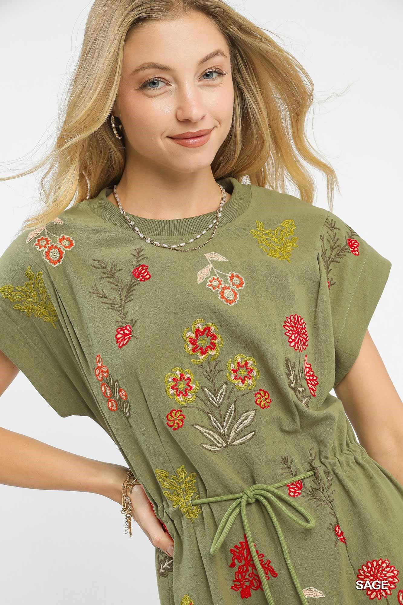 Sage Embroidered Drawstring Dress