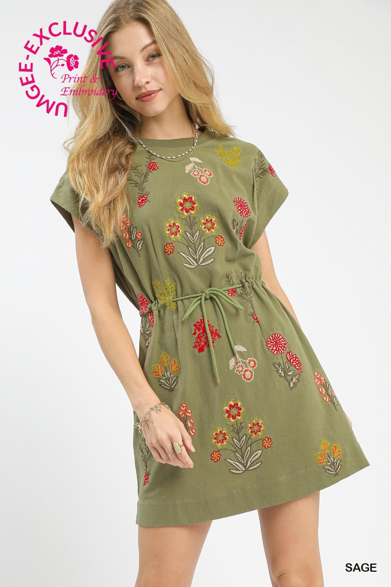 Sage Embroidered Drawstring Dress