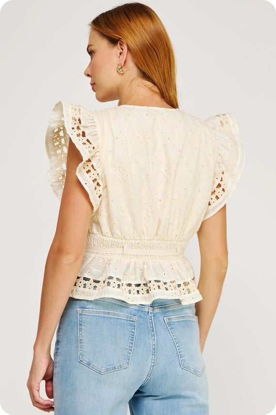 Cream Eyelet Lace Trim Flutter Sleeve Peplum Top