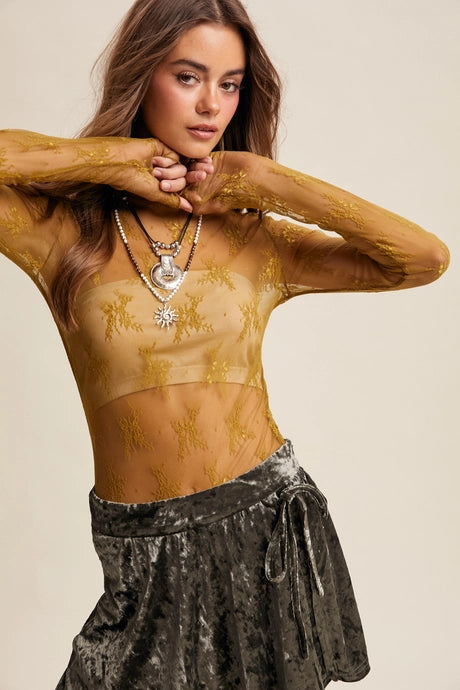 Olive Sheer Lace Long Sleeve Top