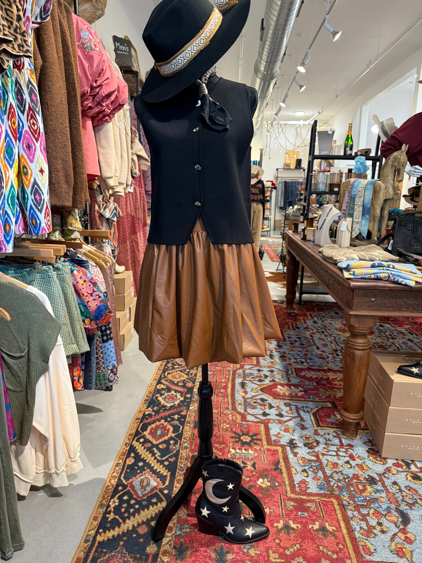 Dark Camel Bubble Hem Faux Leather Skirt