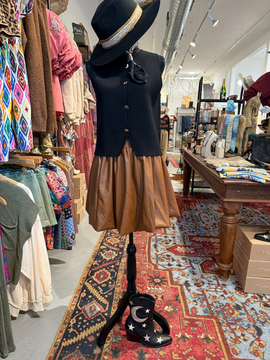 Dark Camel Bubble Hem Faux Leather Skirt