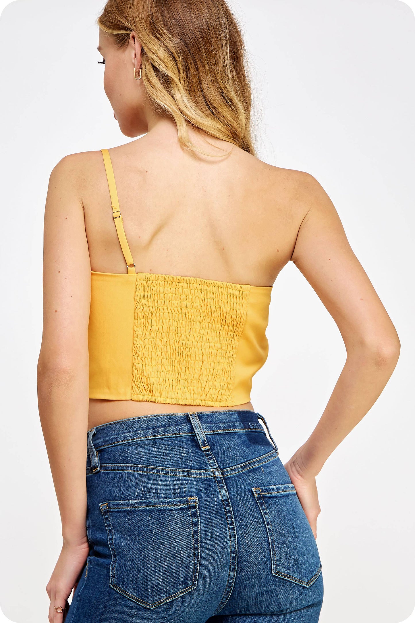 One-Shoulder Knotted Flower Bow Crop Top: Sky Blue / S