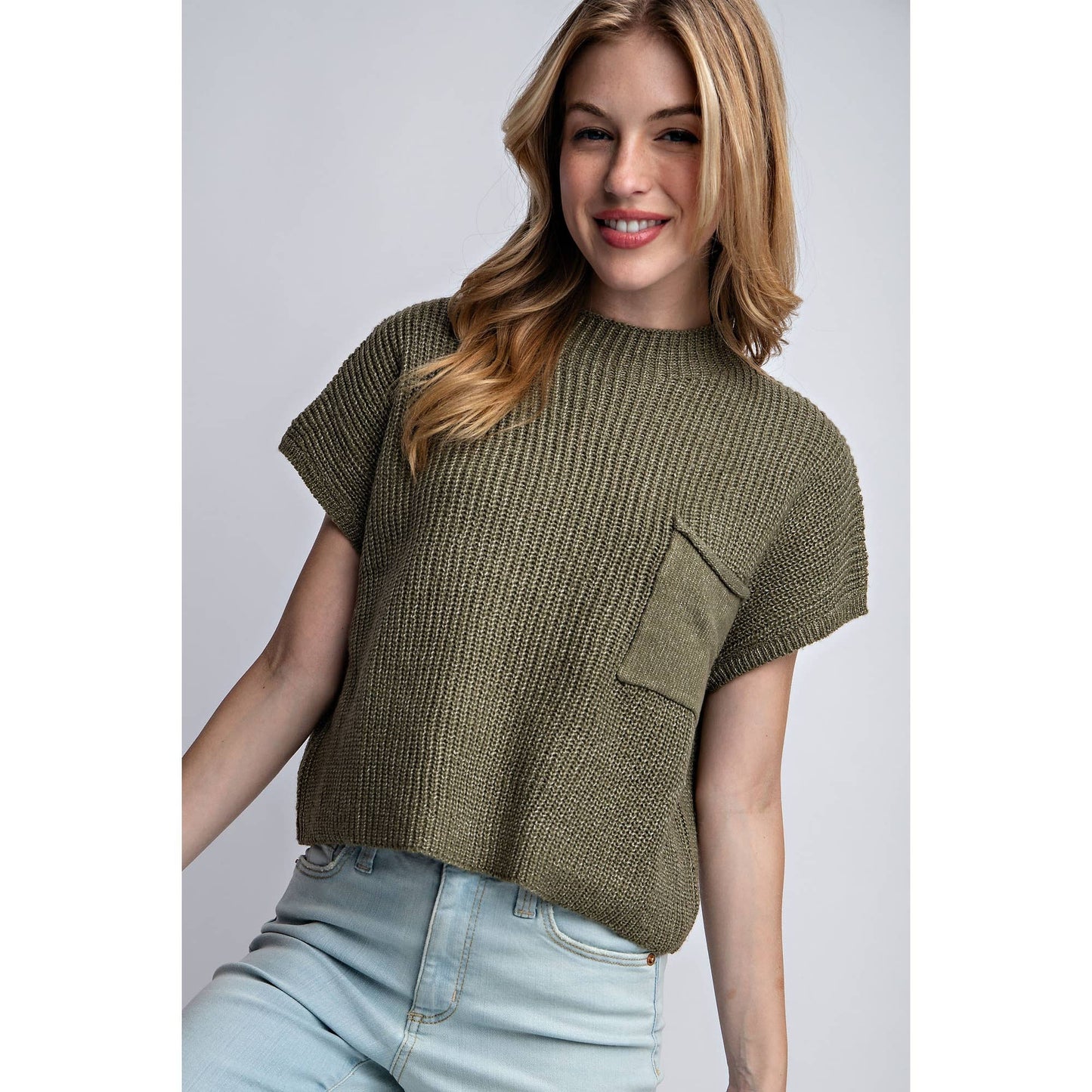 Olive Drop Shoulder Rib-Knit Sweater Top