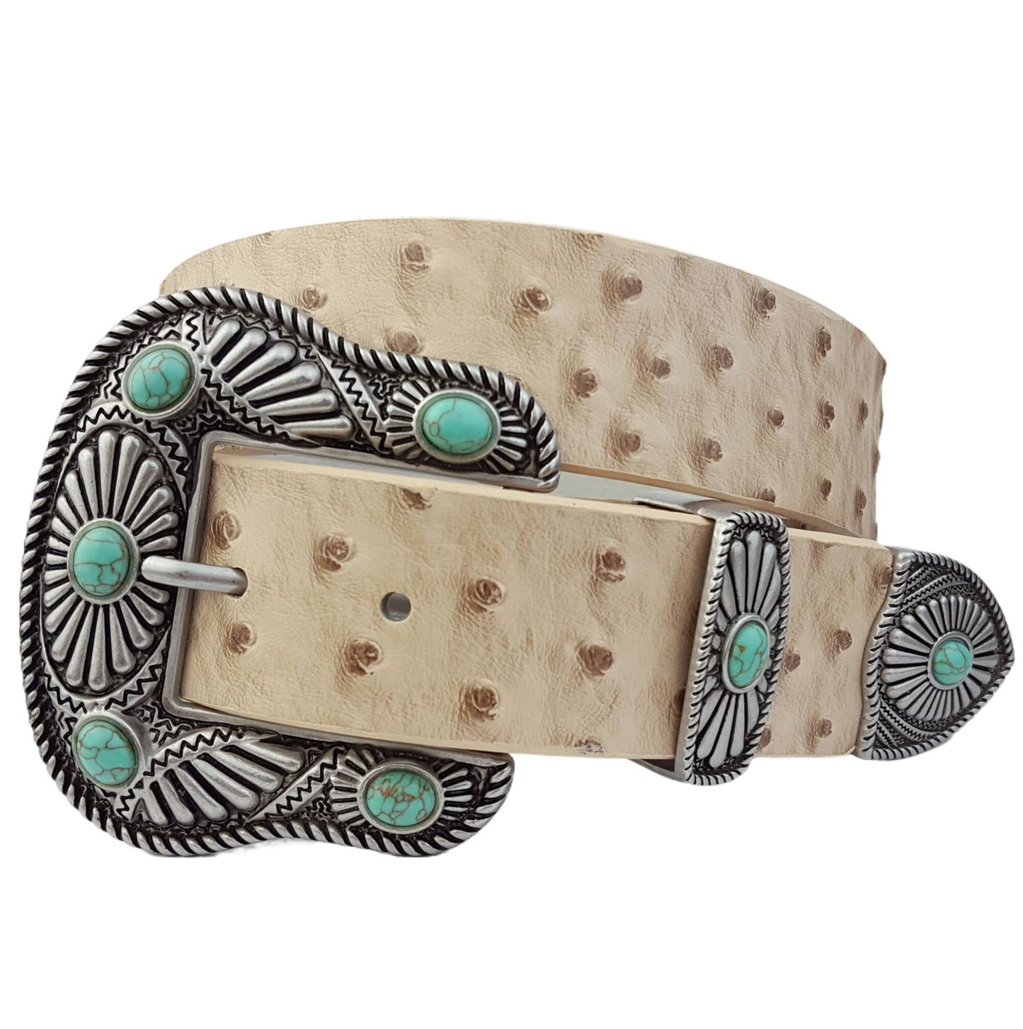 Navajo-Inspired Buckle with Ostrich Belt: Beige