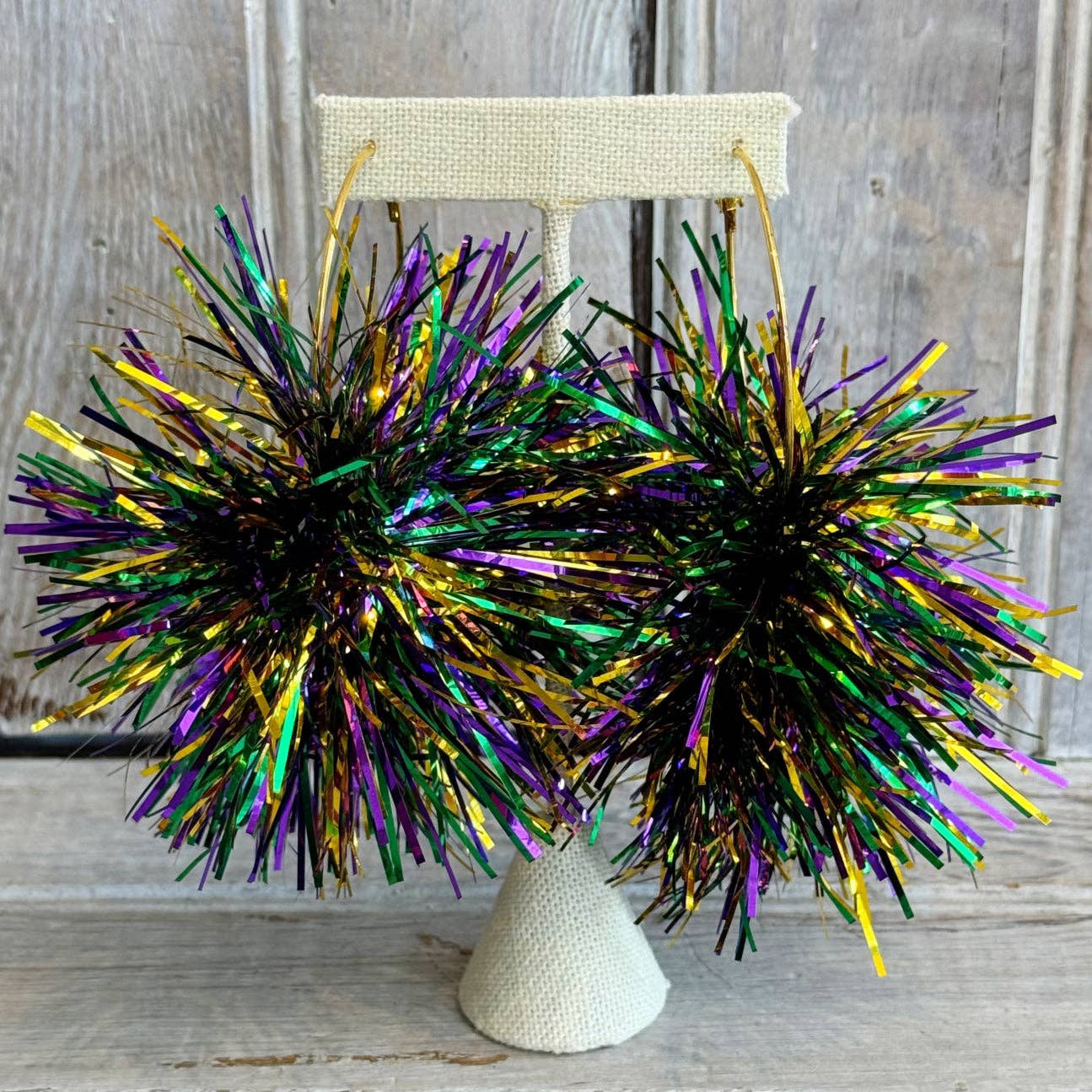 Mardi Gras Tinsel Pom Hoop Earring