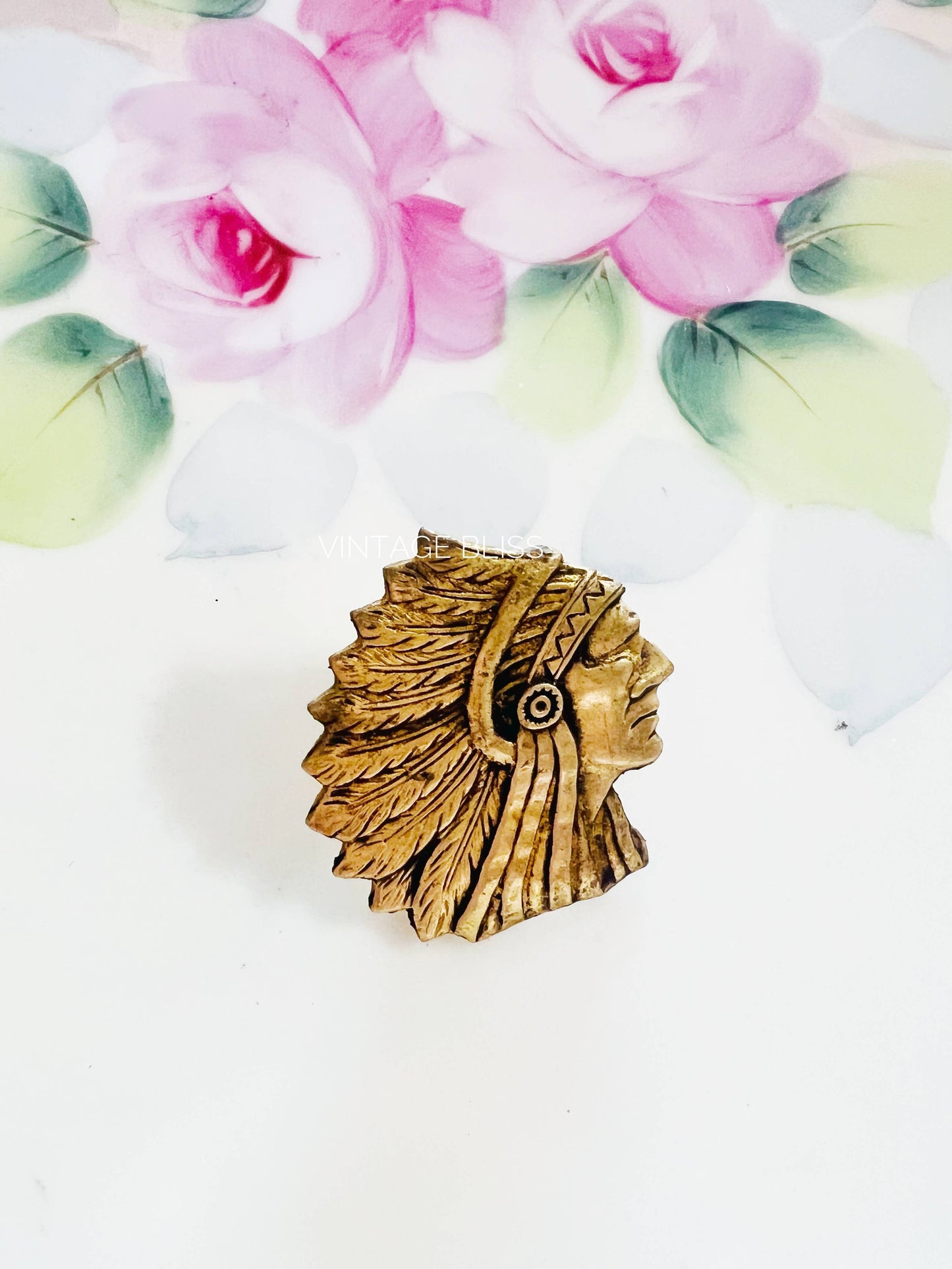 Aged Brass Native American Head Hat Pin profile