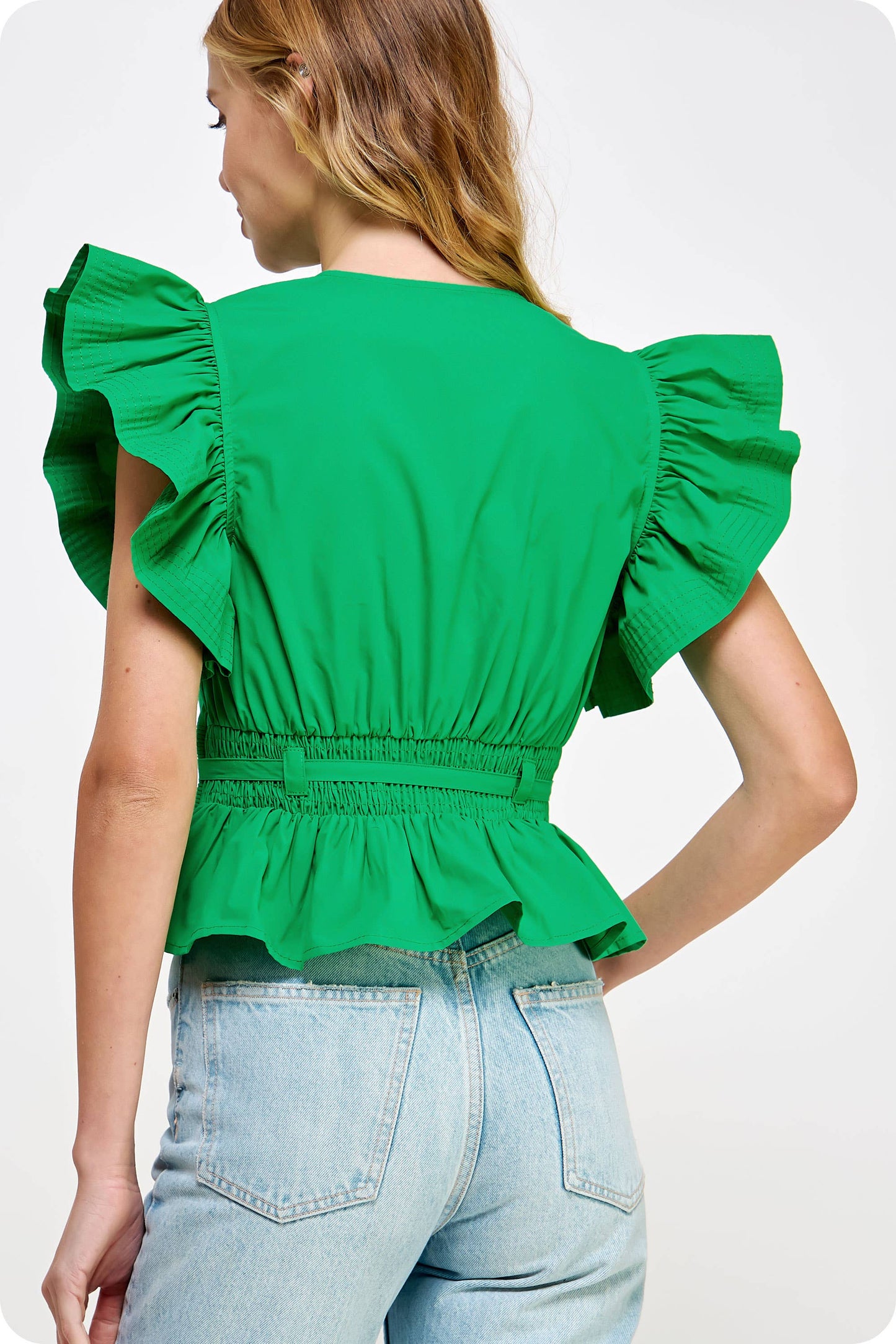Flutter Sleeve Peplum Poplin Top: Red / S