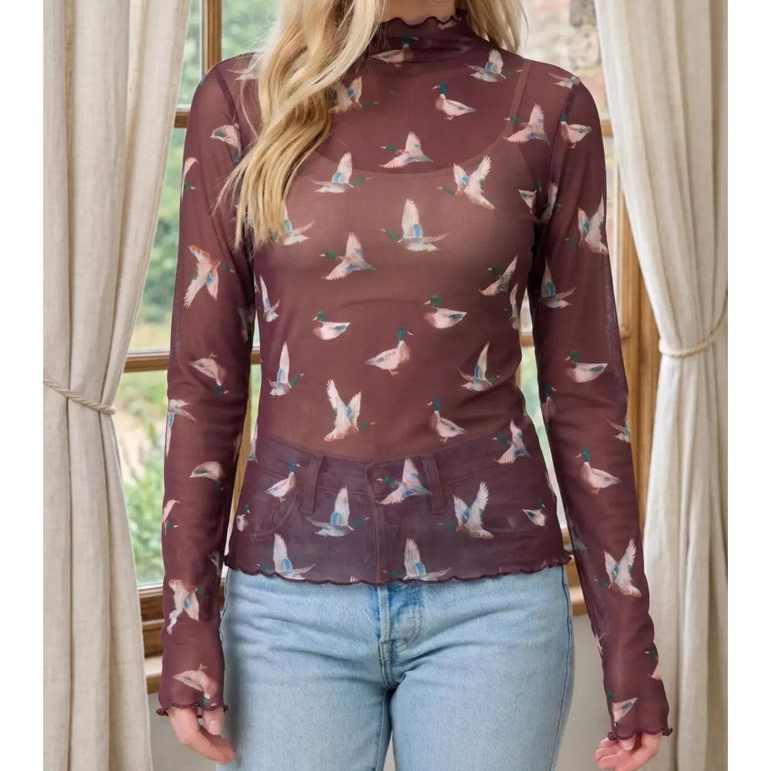 Duck Season Duck Print Sheer Mesh Top