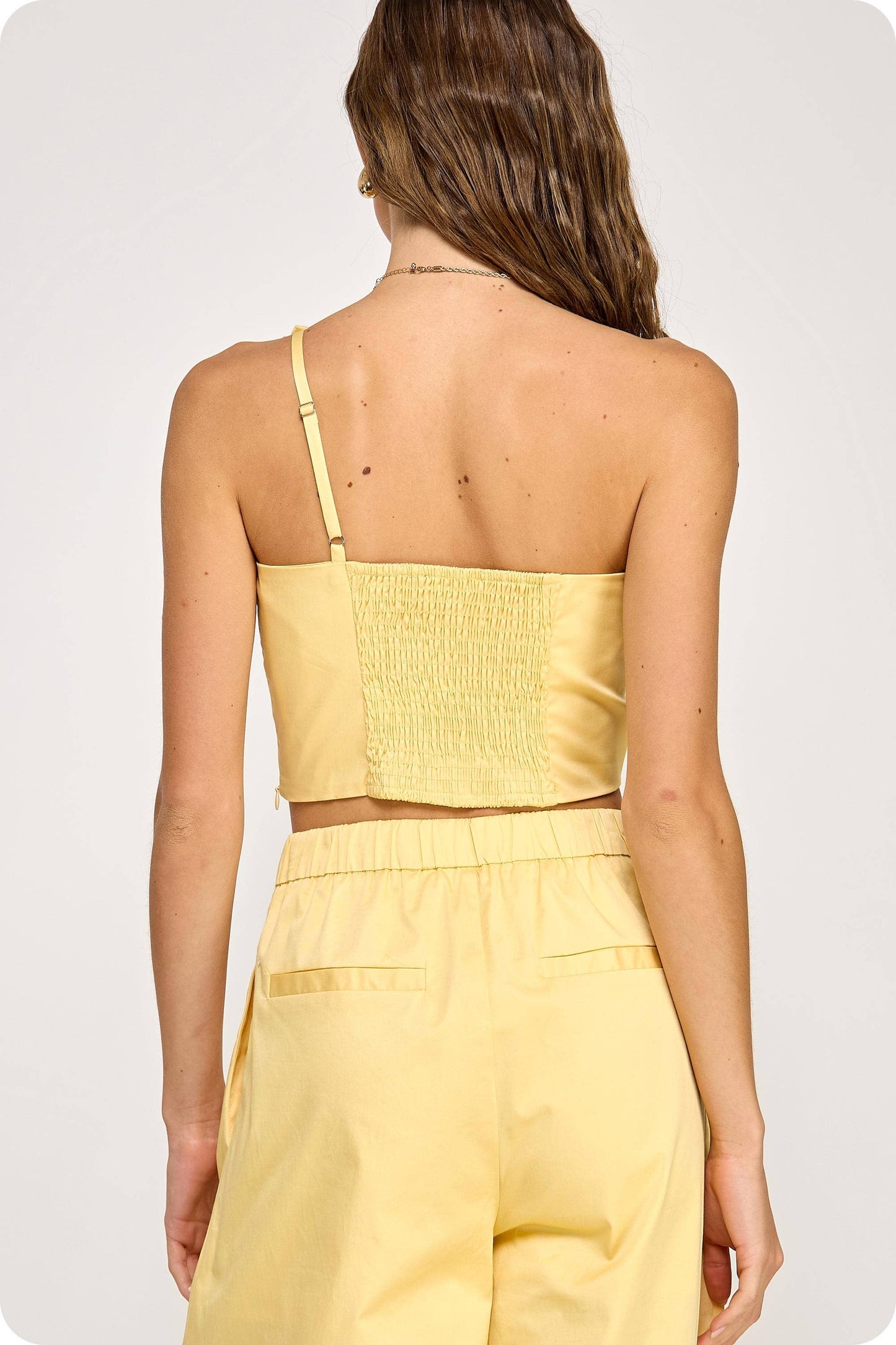 One-Shoulder Knotted Flower Bow Crop Top: Sky Blue / S