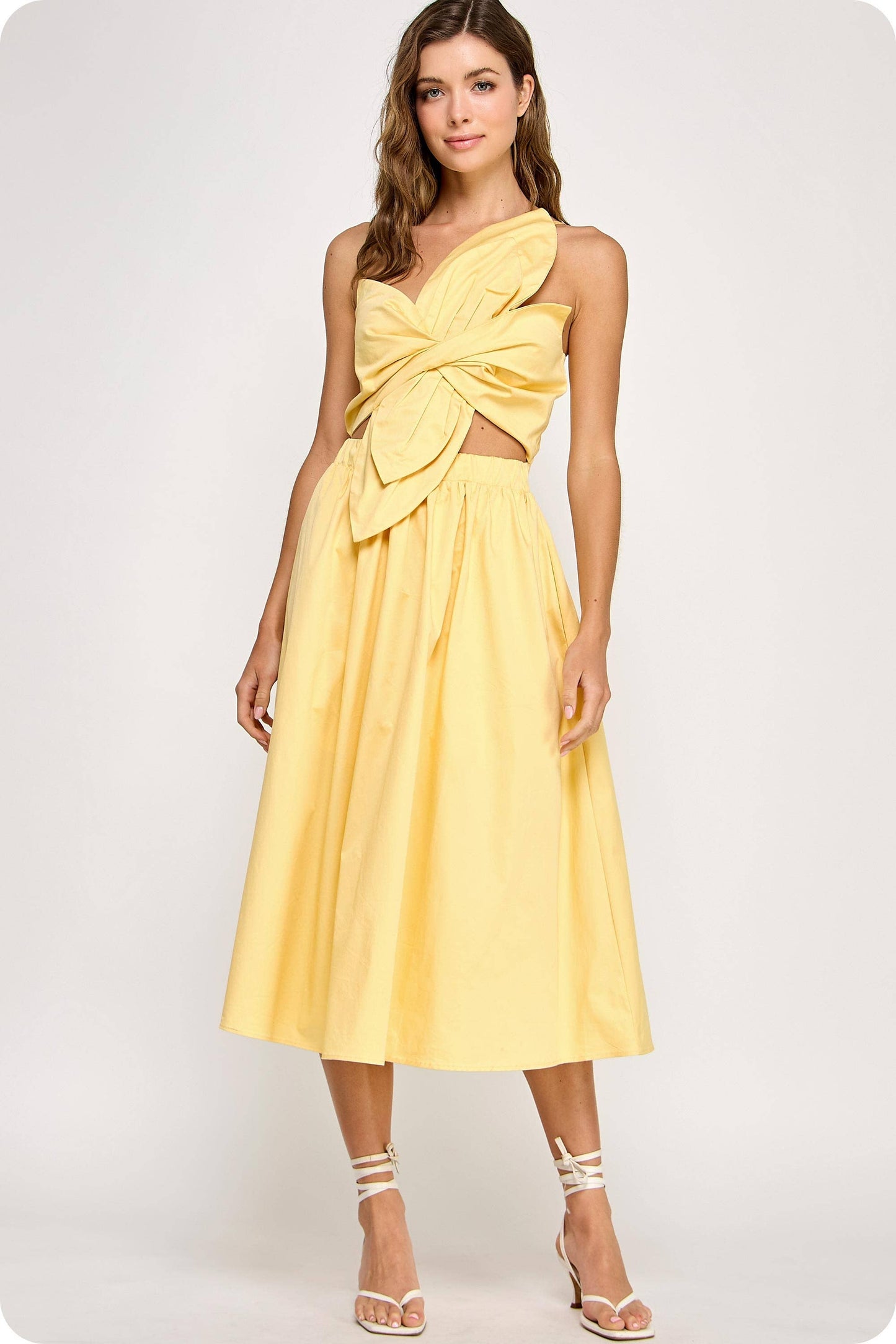 Knotted Flower Bow Midi Dress: Cherry Red / S