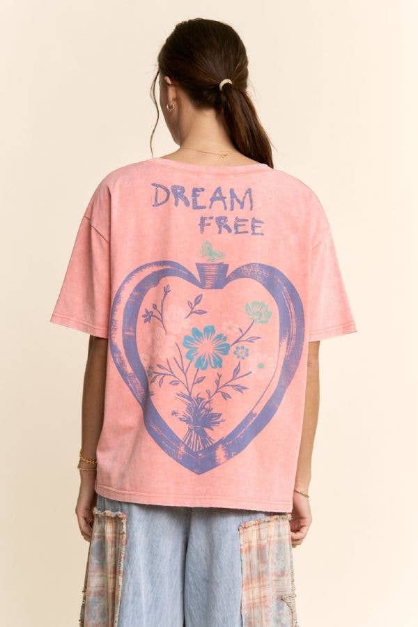 DREAM FREE FLORAL GRAPHIC MINERAL WASH TOP: Charcoal - L
