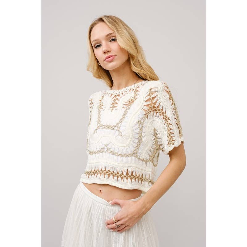 Crochet Metallic Short Sleeve Thread Crop Top: TAUPE / S-M-L(2-2-2)