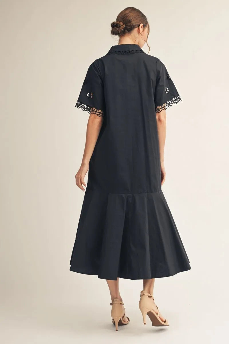 Midi flared hem, eyelet sleeve & collar dress